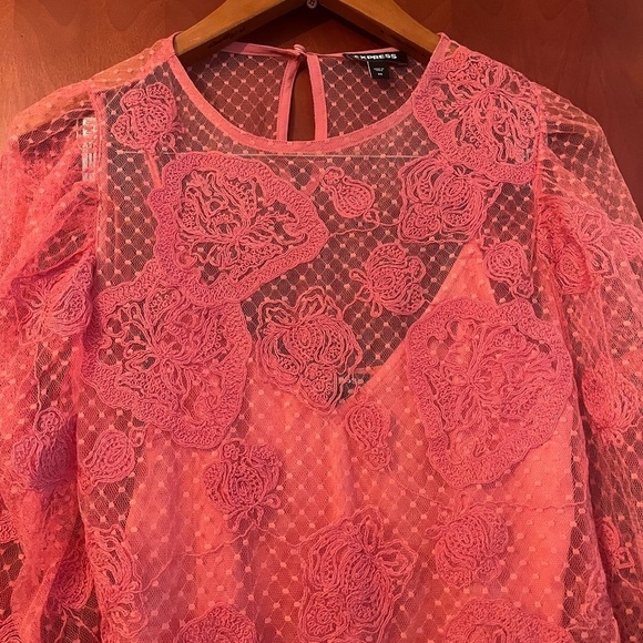Express Sheer Lace Tank Pink Sz XS Long Sleeve Button Cuffs - Picture 5 of 8